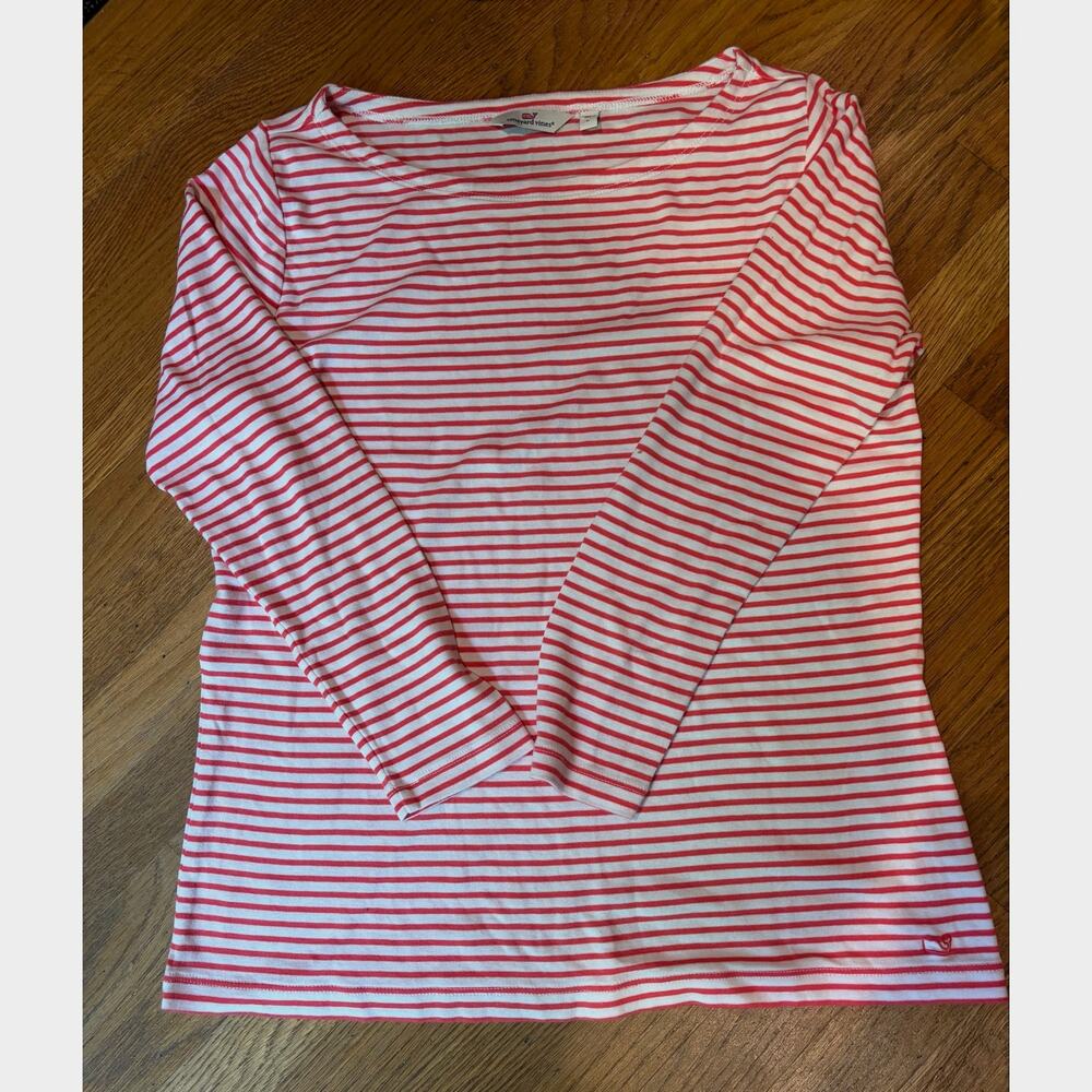 Vineyard Vines Women’s Large Coral Red White Striped 3/4 Sleeve Shirt Whale Logo
